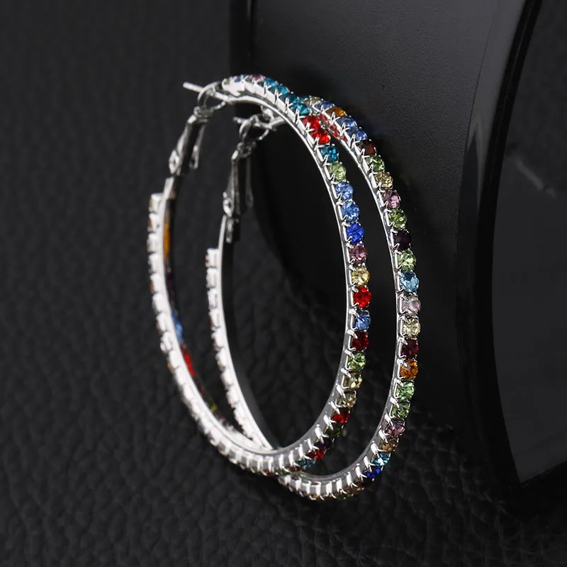 TREAZY Fashion Wedding Jewelry Multicolor Rhinestone Big Circle Earrings Silver Plated Crystal Women Hoop Earrings Prom Gifts