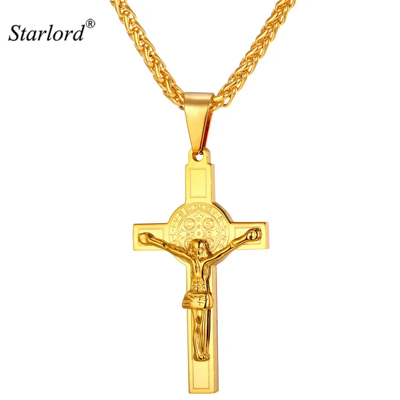 

Saint Benedict Cross Crucifix Necklace Pendant Trendy Stainless Steel/Gold Color Chain Men Christian Jesus Piece Jewelry GP1834