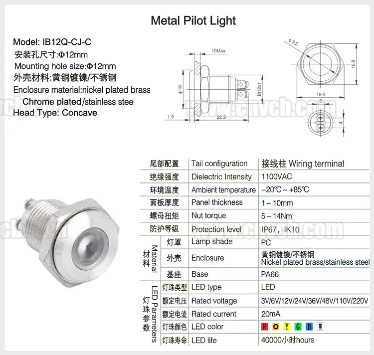 IN104 oferta varioue voltajes 12mm 20mA luz indicadora de metal