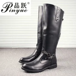 New Arrival Black Long Knee Boots Men Round Toe Buckle High Top Casual PU leather Shoes Man Motorcycle Boots Size 38--44