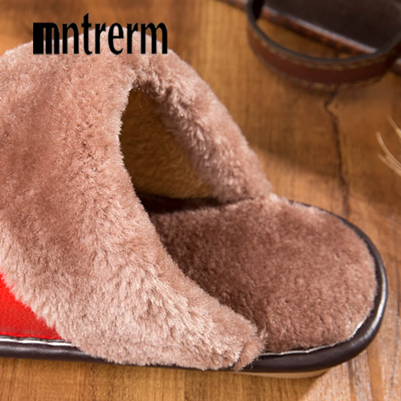 Mntrerm New Winter Men Genuine Leather Slippers Fur Warm Plush Leather Stitching Slides Oxford Flat Man Home Waterproof Shoes