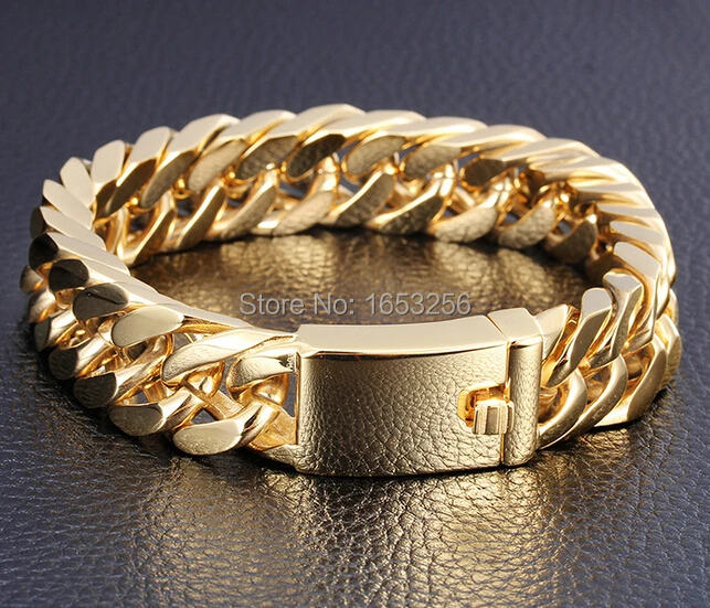 

95g weight 8.5"x14mm Gold Mens Bangle Jewelry Stainless Steel Curb Cuban Chain Bracelet for Friend Gifts