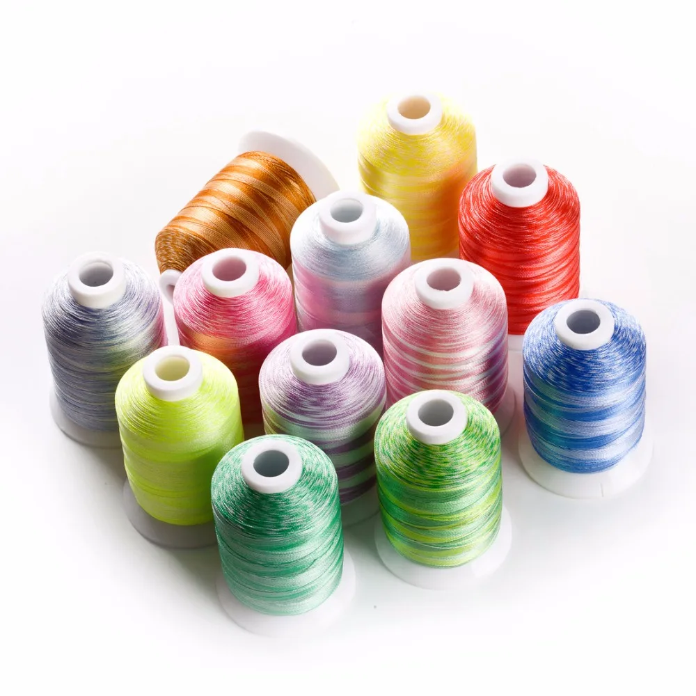 Free shipping variegated color embroidery machine thread 1000m + 12 assorted colors + 1000m/mini-king spools, 12 cones/set