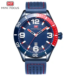 MINI FOCUS Men's Leather Strap Sports Quartz Watches Waterproof Army Wristwatch Man Relogios Masculino Large Numbers 0155G Blue