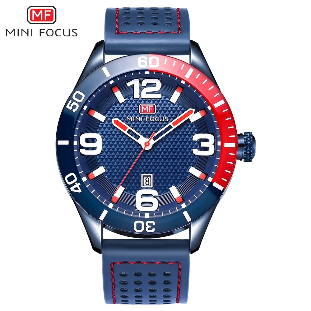 MINI FOCUS Men's Leather Strap Sports Quartz Watches Waterproof Army Wristwatch Man Relogios Masculino Large Numbers 0155G Blue