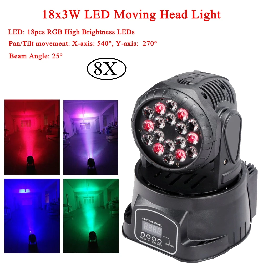 

8xLot New LED Bee Eye Moving Head Light 18x3W RGB Professional Stage Lights DMX512 Disco DJ Beam Wash Effect Lighting Equipment