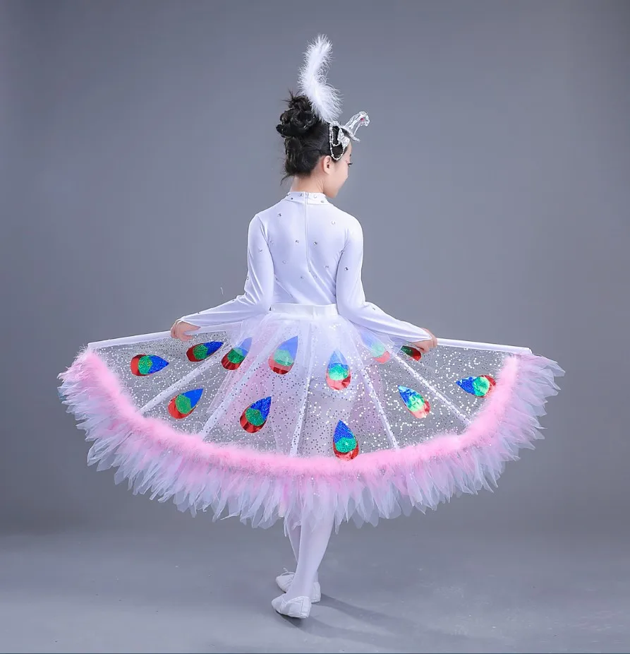 Năm 2019 Cô Gái Dễ Thương Con Công Nhảy Đầm Trẻ Em Trình Diễn Trang Phục Cô Gái Dancewear Halloween Trang Phục Dự Tiệc Với Mũ Đợi Đầu Đa Năng & Đuôi