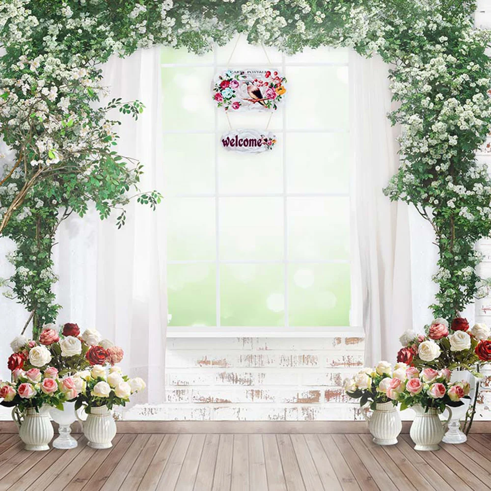 

Digital Printed White Curtains Flowers Arch Wedding Background Vinyl Roses Vases Brick Window Photography Backdrop Wood Floor