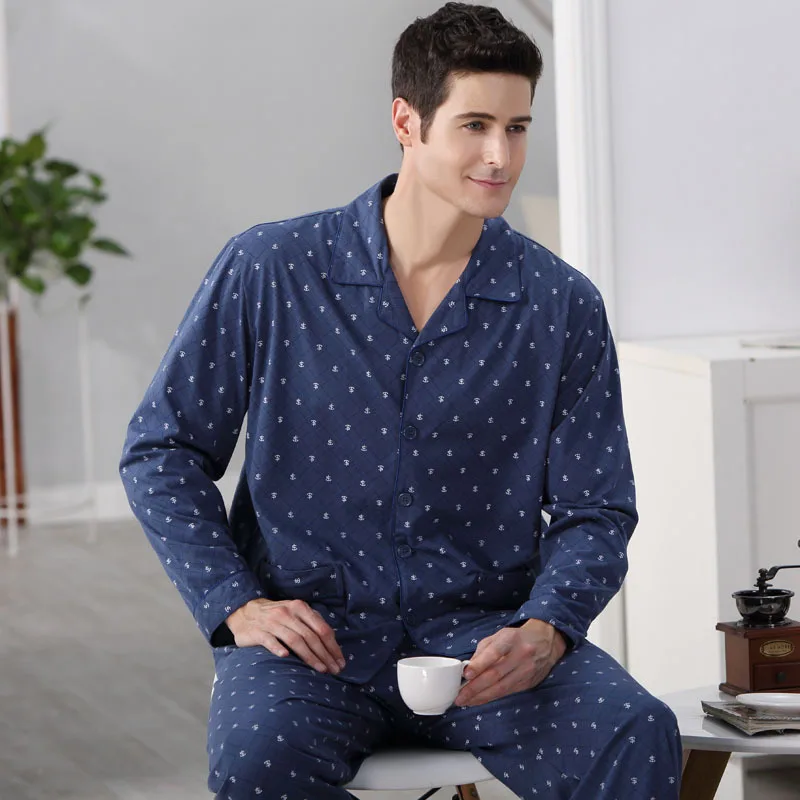 Men\'s Pajamas Long Sleeves Plus Size Top Pant Set Adult Cotton Homewear Male Pyjama Sleepwear Mens Pajamas Men Nightwear D-2200