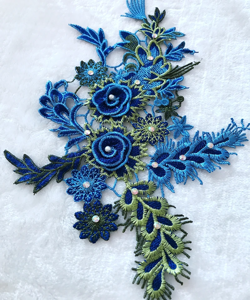 1Piece Purple Red Green Blue Yellow Floral 3D Beaded Bridal Gown Lace Applique Embroidery Patches Trim Collar 35x21cm