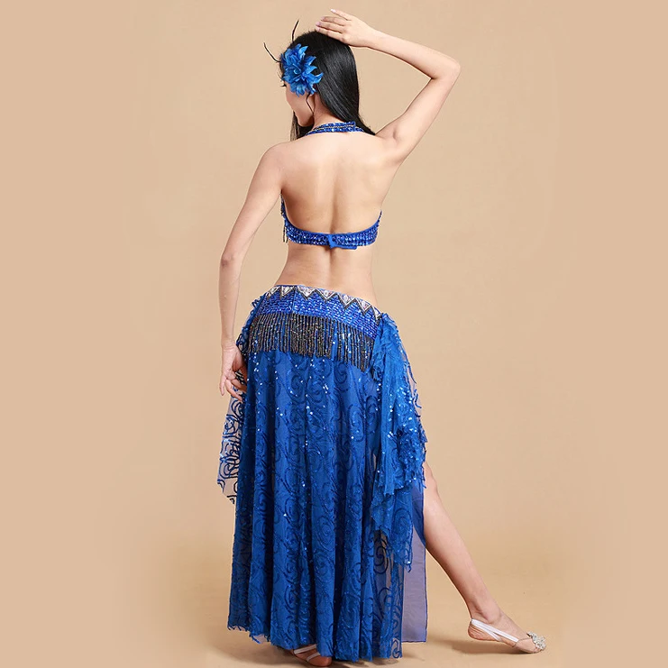 Ropa de baile para mujer, traje de estilo Oriental con cuentas, conjunto de traje de danza del vientre, sujetador, cinturón, falda larga con lentejuelas, 2019