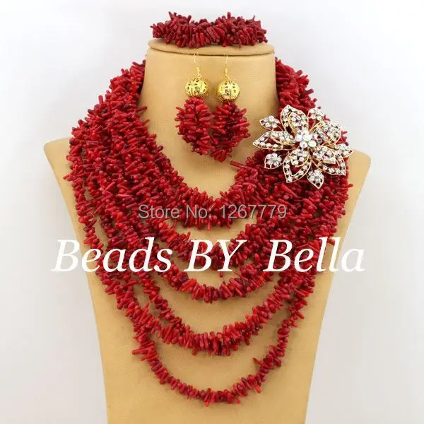 New Red Nigerian Wedding African Beads Jewelry Set Coral  Necklace Coral Beads Jewelry Set  Free Shipping ABS068-1