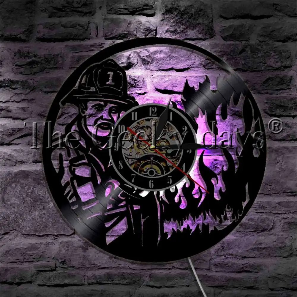 

First Responder Firefighter LED Night Light Vinyl Record Wall Clock Fire Department Rescue Flames Modern LED Lighting