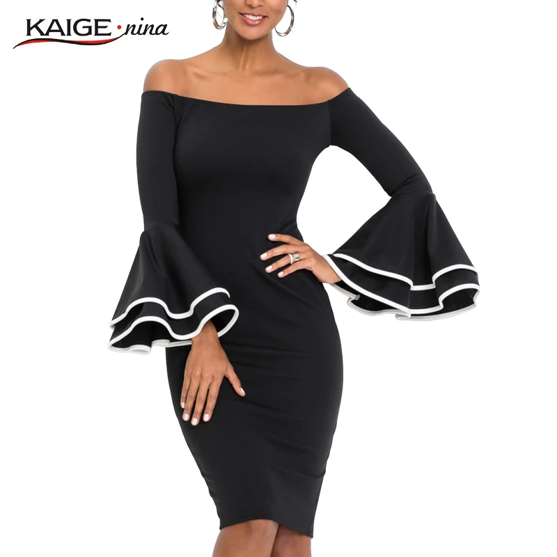 

Kaige.Nina New Women's Fashion Vintage Solid Slash neck Knee Autumn Sheath Dress With Flare Sleeves 18007