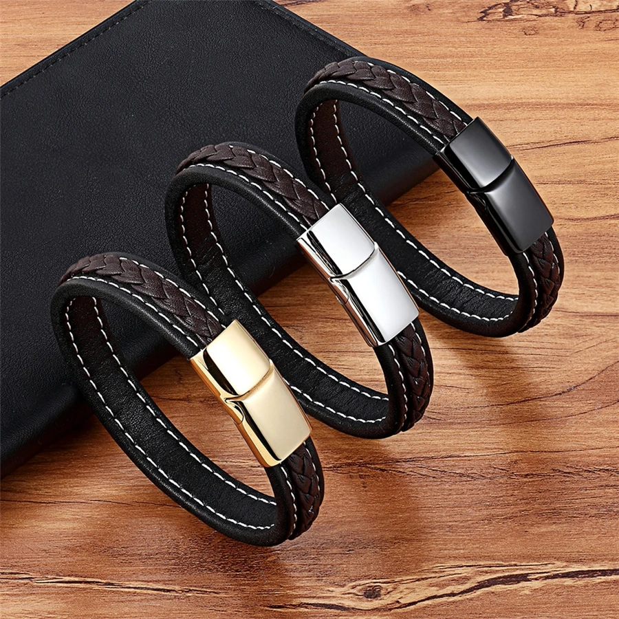 XQNI Cross Design Charm Leather Bracelet for Men Black/blue Braid Rope Chain Stainless Steel Magnetic Clasp Male Bangle Gifts