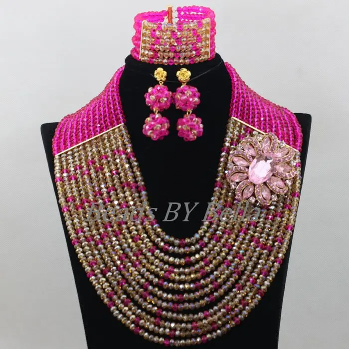 

Chunky Layered Fuchsia Crystal Beads Necklace Nigerian Wedding Fashion Women Costume African Jewelry Set Free Shipping ABF674