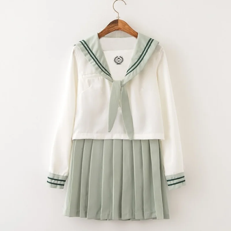 Summer Spring Girls Japanese JK Uniform XL Mint Green Sailor Rabbit Ear Tie Shirt And Skirt With Bow Tie Bear Pattern