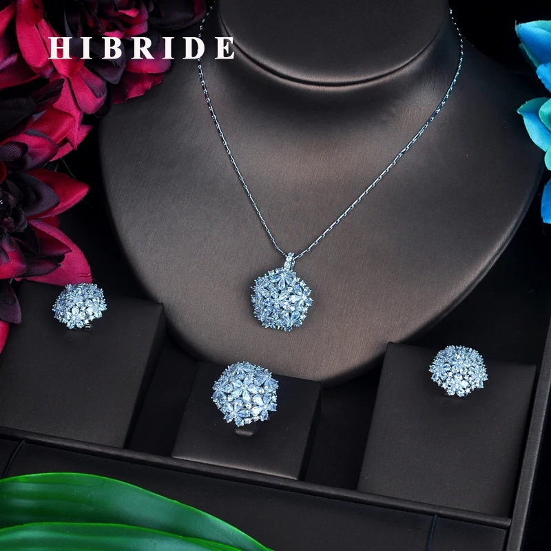 

HIBRIDE Sparkling Cubic Zirconia Jewelry Set For Women White Gold Color Necklace Earring Ring Jewelry Set Party Gifts N-512