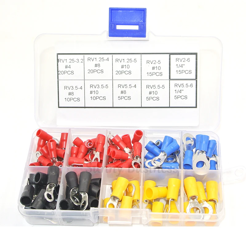 125Pcs Ring Terminal Copper Crimp Pre-Insulated terminals Ring Wire Connector End Kit Set