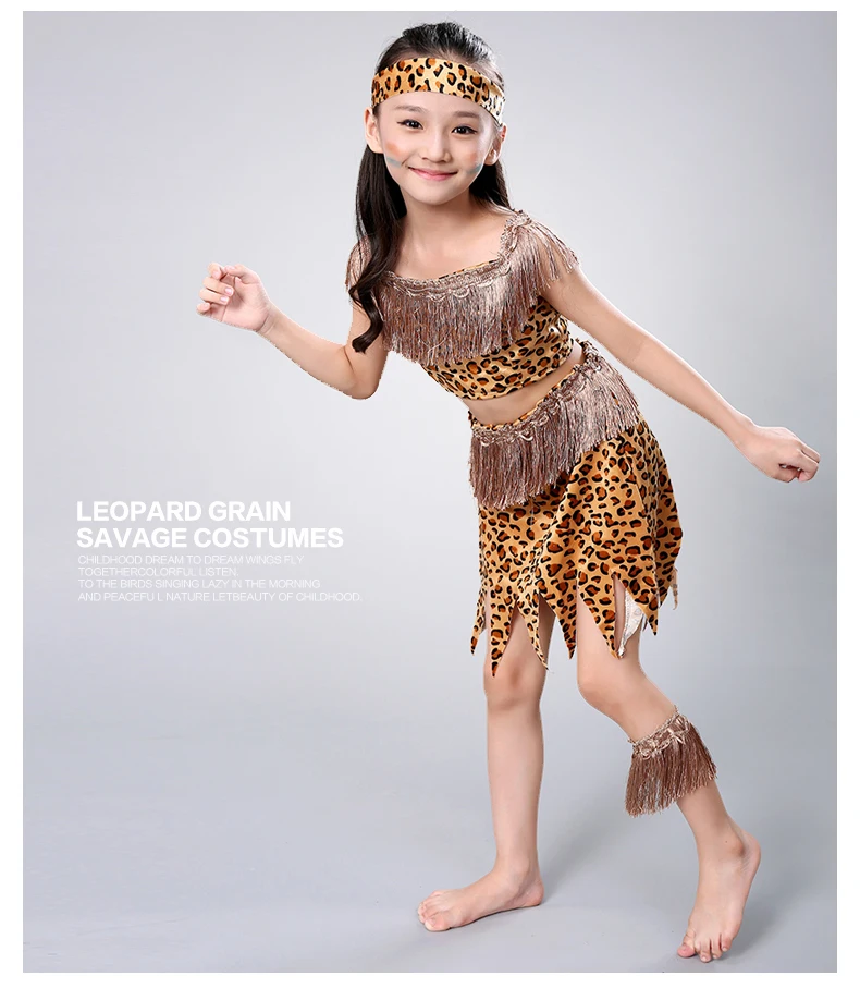 Kid Halloween Girl Savage Costumes For Boy Savage Indian Girl Leopard Stage Performance Props Child Hunter Flintstones Primitive