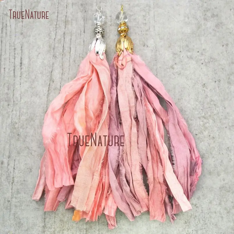 Pink Sari Silk Tassel Tulip Cap Ribbon Pendant Boho Chic Jewelry PM14660