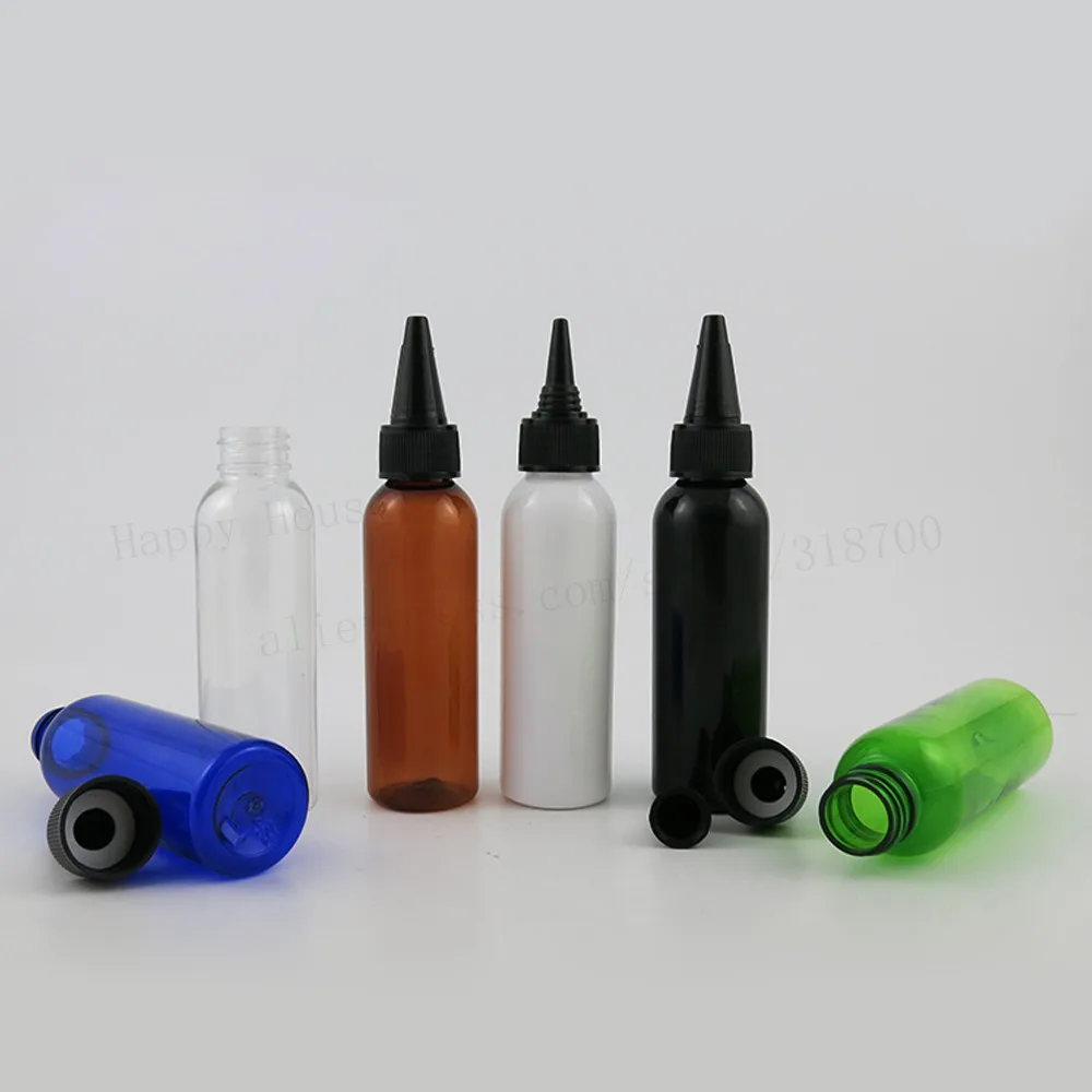 100 x 60ml Clear Amber White Black Green Blue Empty PET Plastic Bottle With PP Pointed Mouth Cap Packaging Cosmetic Container