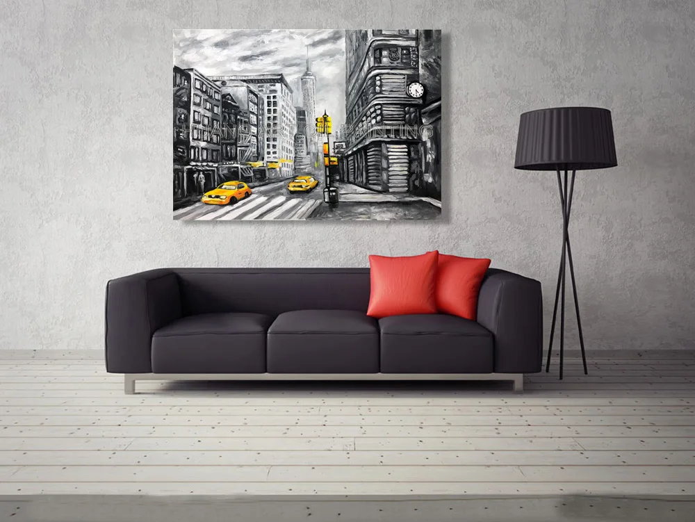 Skill Painter Handmade White and Black Abstract Car Landscape Oil Painting on Canvas Street View of New York Art Pictures