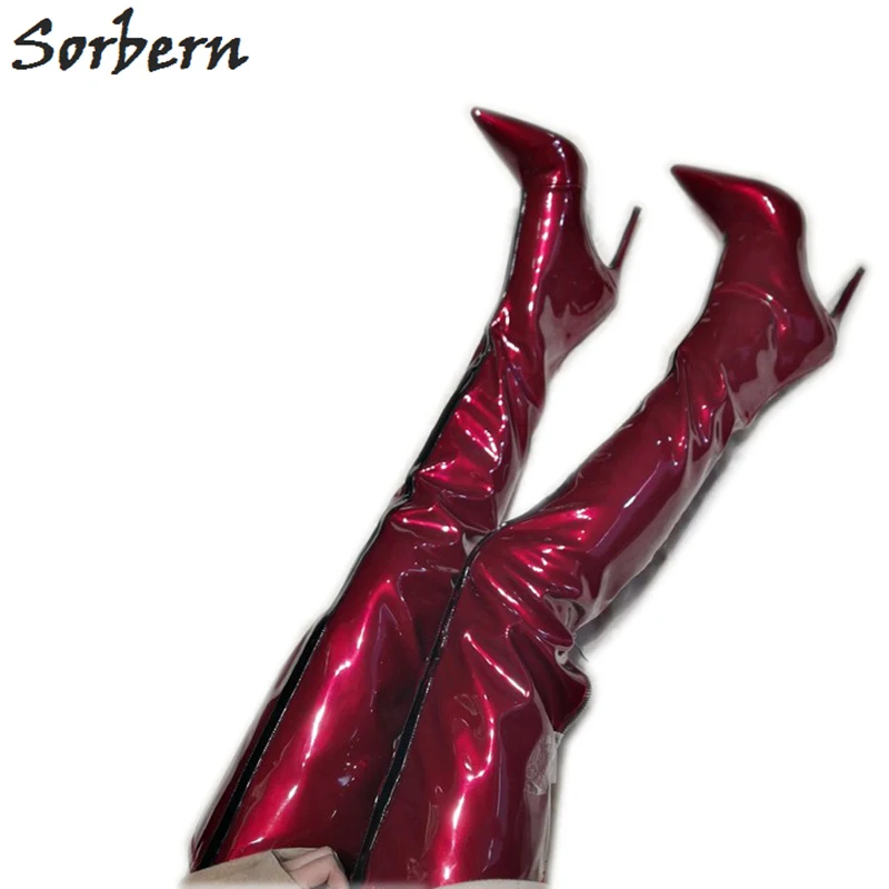 Sorbern Over Knee Length Boots For Womens Burgundy Patent Leather Botas Mujer High Heel Boots 2019 Boots Femme Custom Co'lo'r