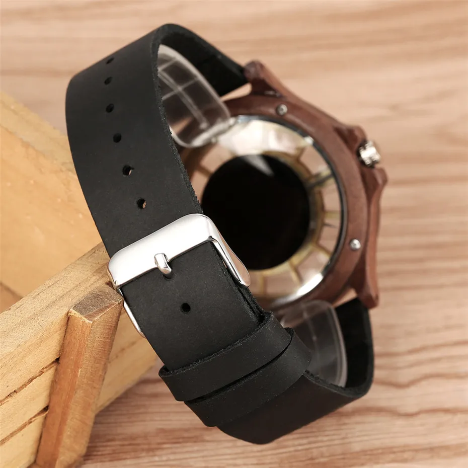 Transparent Hollow Dial Coffee/Brown/Black Wood Watches Quartz Timepiece Genuine Leather Watchband Creative Men\'s Watch New 2019