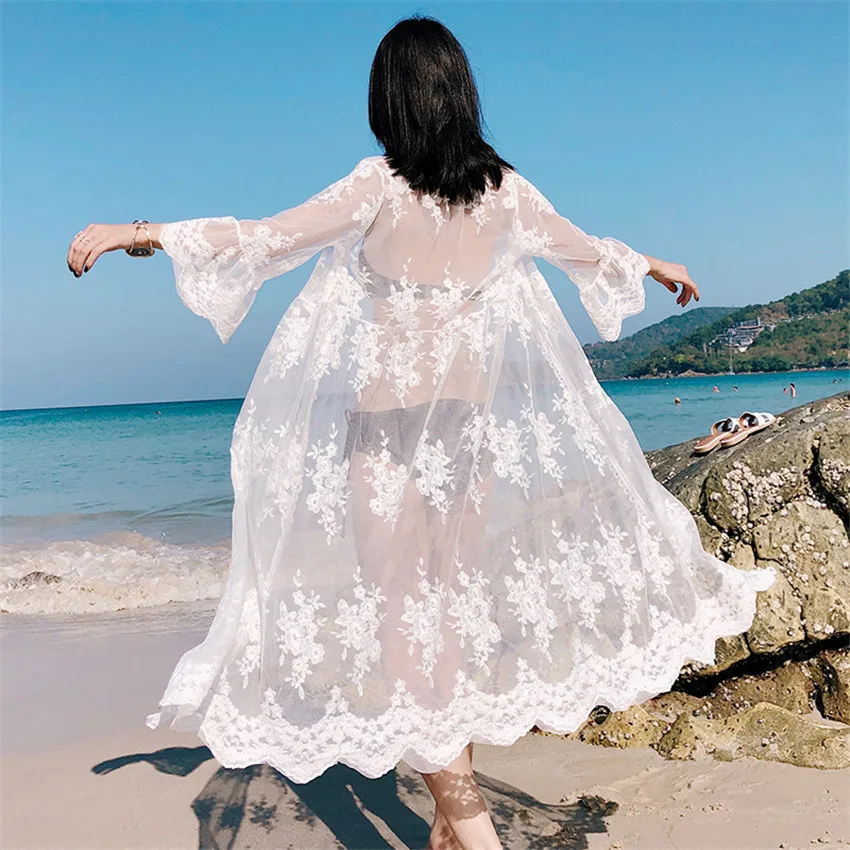 Summer Loose Women Thin Lace Cardigan Blouses Midi Long Lady Sun Protection Clothing Sexy beach Hollow Out Shirts Blusas WZ829