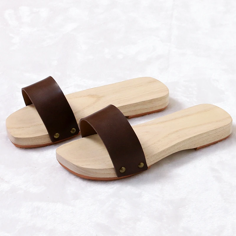 Wooden Sandles Leather Geta For Women and Man Flat Heel Japan Geta Solid Color Summer Flip Flops/Slippers Cosplay Shoe Plus Size