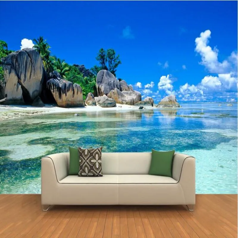 

wellyu Custom Large Fresco 3D HD Sea View Rock Beach Landscape Background Wall Painting Wallpaper papel de parede para quarto