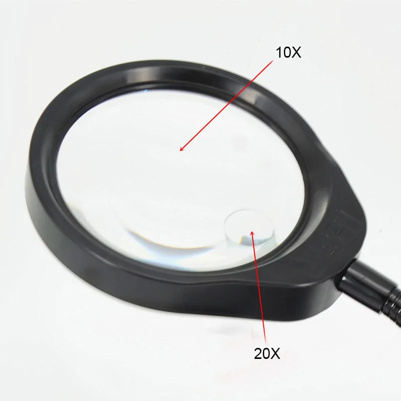 LED Illuminating Magnifier 10x20x Optical Glass Desk Clip-on Magnifying Glass Lamp  for PCB Inspection, Beauty, Dentistry