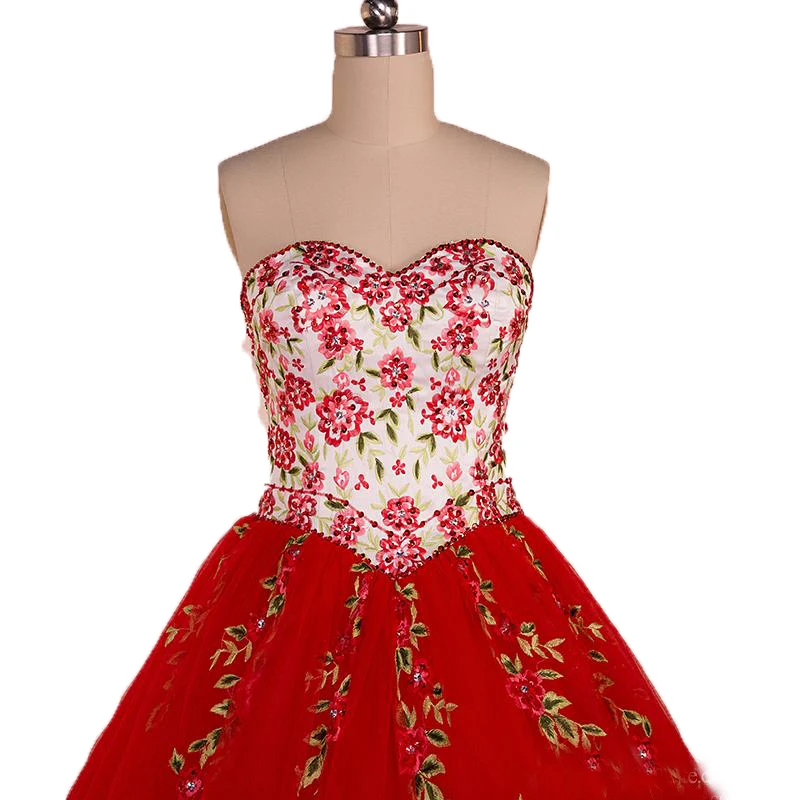 Vestido de baile rojo bordado, quinceañera, baile de graduación, largo, con cordones, 15 años, 2019