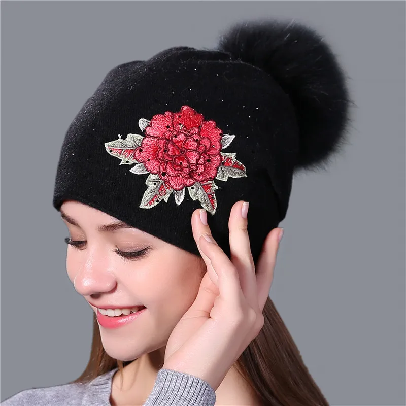 Xthree Female winter hat fashion embroidery knitted beanie hat for women real fox fur pom pom wool hat Skullie hat girls gorro