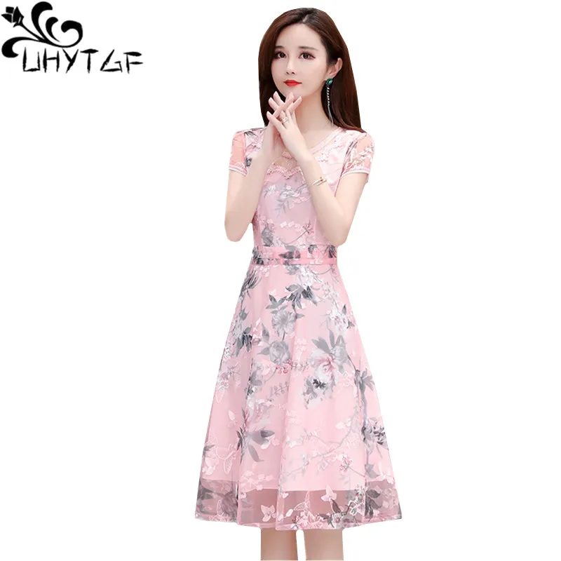 

UHYTGF Elegant Dresses Women Fashion Printed Lace Stitching Summer Dress Short Sleeve Mesh Party Dresses 4XL Loose Size Dress 58