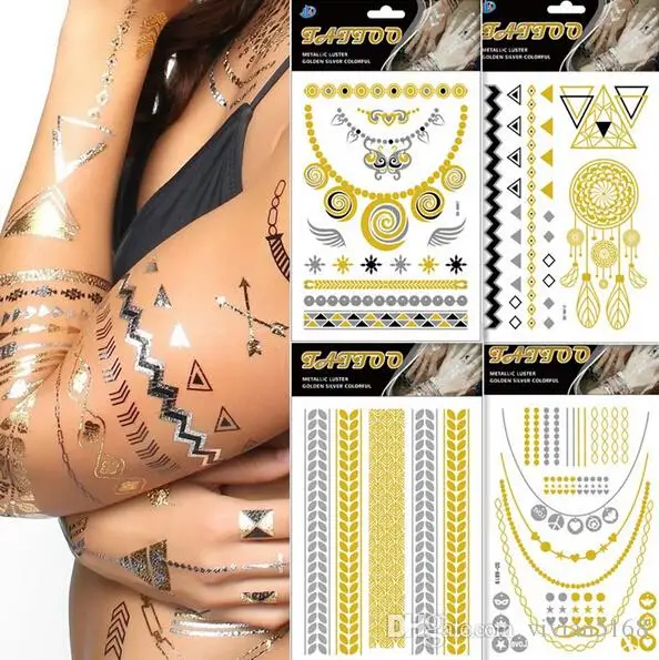 10 Lembar Emas Perak Logam Flash Tattoo Metallic Stiker Tato Sementara Tubuh Seni Wanita Pantai Tahan Air Ukuran 15X21c