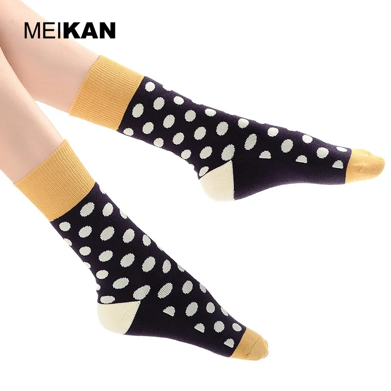 MKJC1811 MEIKAN High Quality Women Full Terry Cotton Socks Purple Blue Dot Breathable Warm Modern Retro Winter Socks 4Pairs/Lot