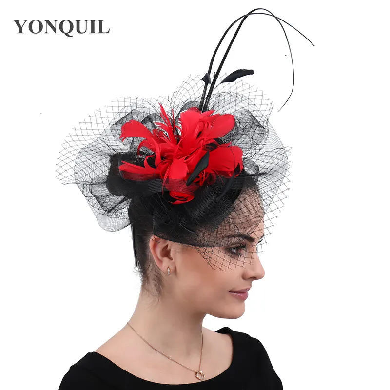 

Cocktail Church Red Feather Flowers Fascinators Hair Clip Accessories Ladies Headwear Hairpin Decoration Black Party Headpieces