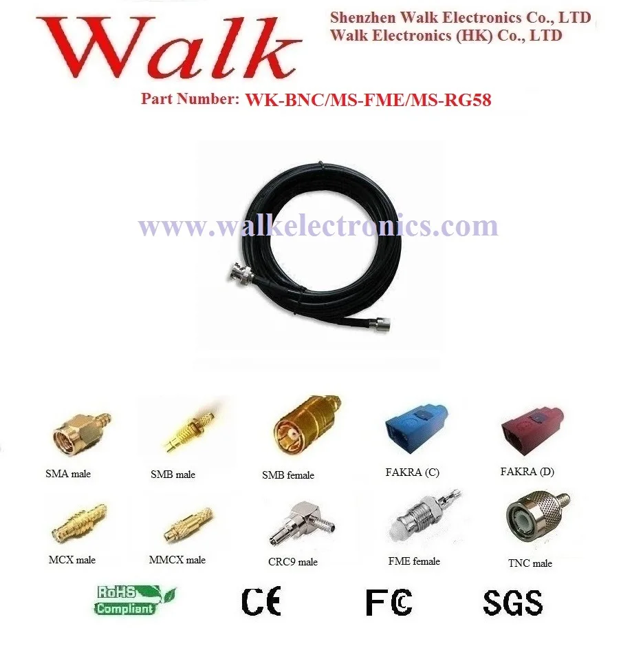 BNC Antenna cable/RF cable assembly/FME cable antenna: BNC male straight to FME male straight with RG58 cable