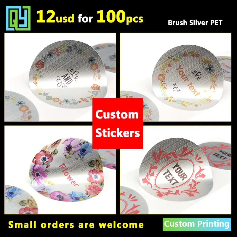 100pcs 35mm custom stickers plastic bottle label printed vinyl sticker brush silver PVC logo shower wedding baby gift seal label