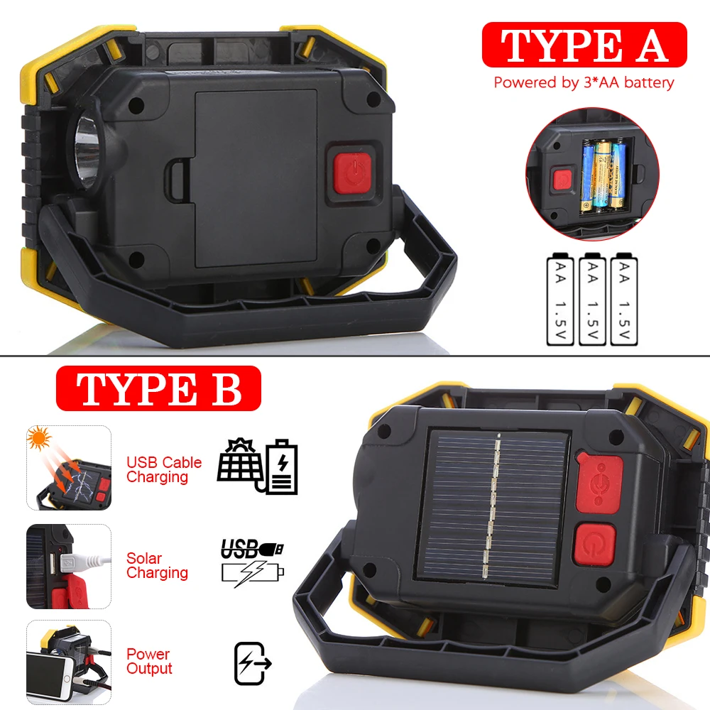 Portable Spotlight Work Light USB Rechargeable Flashlight Solar energy Light Built-in 2400mAh Battery For Hunting Camping