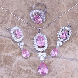 Trendy Pink White CZ Silver Plated Jewelry Sets Earrings Pendant Ring Size 6 / 7 / 8 / 9 / 10 Free S0048