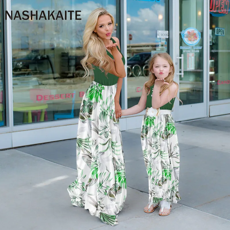 NASHAKAITE Mom and Daughter Dress Patchwork Green Leaf Print Tank Long Dress For Mother Daughter Summer Family Matching Clothes