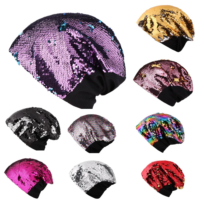 

1pcs 2018 New Women Knitted Cap Casual Glossy Bling Bling Beanies Hat Hip-Hop Skullies Beanie Sequin hat