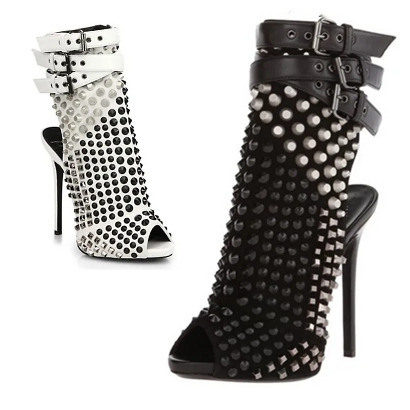 

Fashion white/black studs charming slingbacks ankle boots buckles strap peep toe stiletto high heels summer booties 35-43