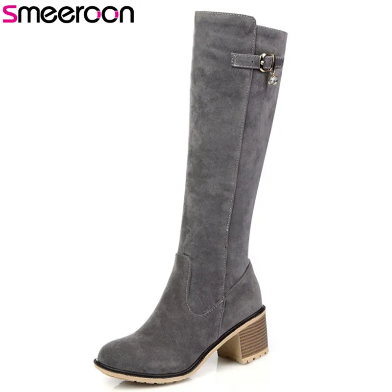 

Smeeroon 2020 new fashion knee high boots round toe autumn winter boots flock high heels women boots prom shoes big size 34-43