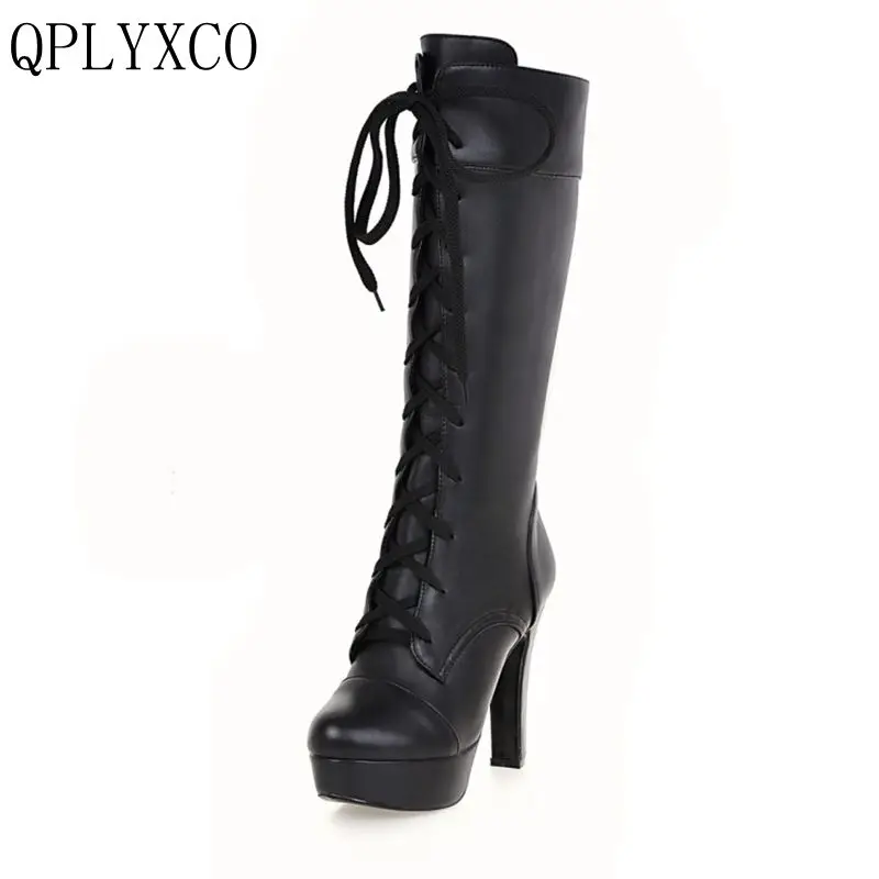 QPLYXCO Plus New fashion small big Size 31-45 Woman Boots Autumn Winter Warm lace up high Heels long Botas Women Shoes M-20