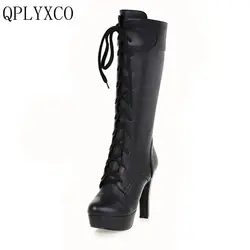 QPLYXCO Plus New fashion piccola grande Formato 31-45 Stivali Donna Autunno inverno Caldo lace up Tacchi alti lunghi Botas Scarpe Da Donna M-20