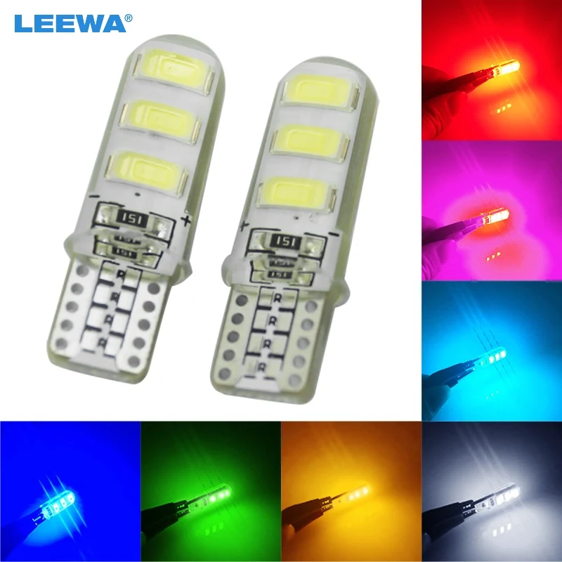 LEEWA 2pcs Car T10 194 501 W5W 5730 6SMD Silicone LED Side License Plate Light Wedge Lamp 7-Color  #CA2903